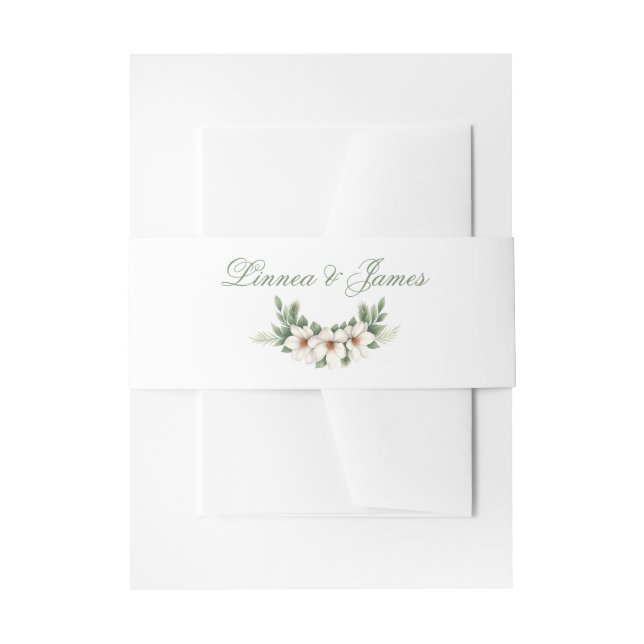 Elegant White Magnolia Winter Wedding Pine Tree  Invitation Belly Band (Front Example)