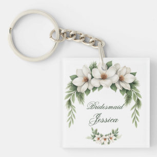 Elegant White Magnolia Winter Wedding Pine Tree Key Ring