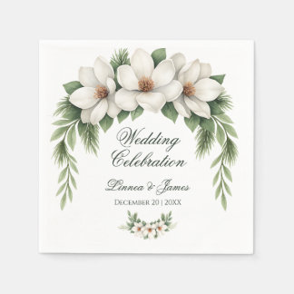 Elegant White Magnolia Winter Wedding Pine Tree  Napkin