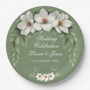 Elegant White Magnolia Winter Wedding Pine Tree  Paper Plate