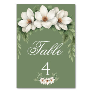 Elegant White Magnolia Winter Wedding Pine Tree Table Number