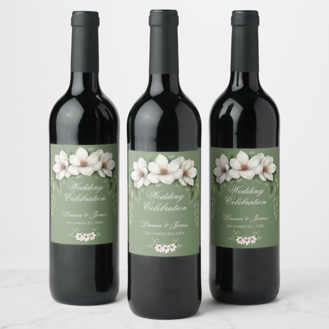 Elegant White Magnolia Winter Wedding Pine Tree  Wine Label (Bottles)