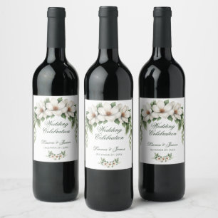 Elegant White Magnolia Winter Wedding Pine Tree  Wine Label