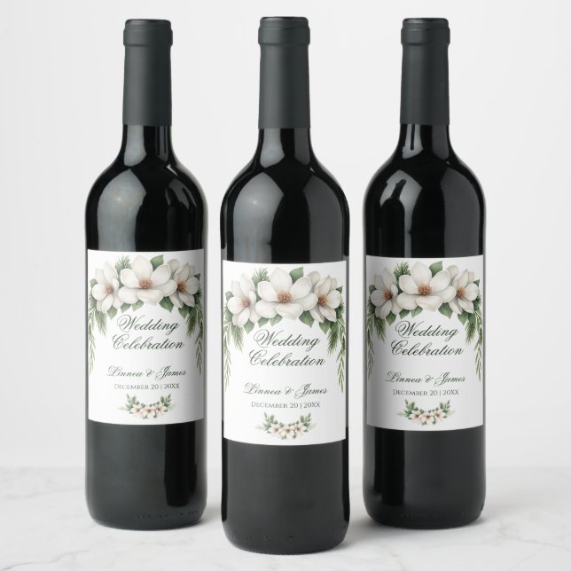 Elegant White Magnolia Winter Wedding Pine Tree  Wine Label (Bottles)