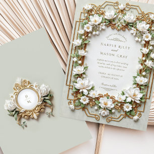 Elegant White Magnolia with Faux Gold Invitation