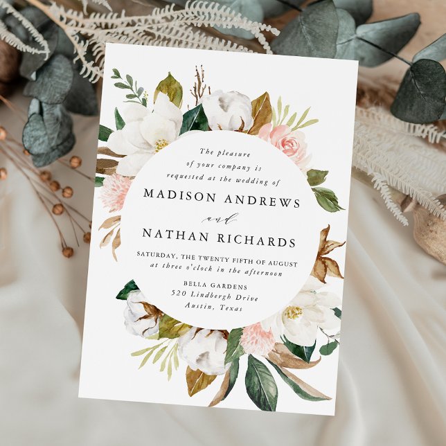 Elegant White Magnolias and Blush Floral Wedding Invitation (Creator Uploaded)
