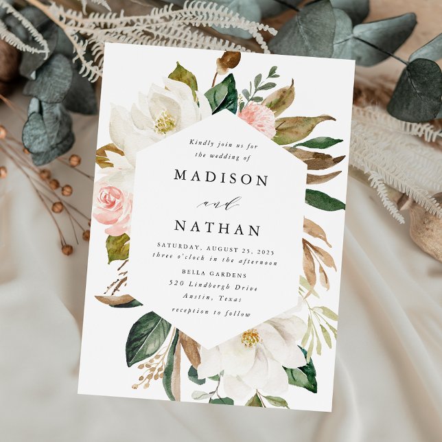 Elegant White Magnolias and Blush Floral Wedding Invitation (Creator Uploaded)