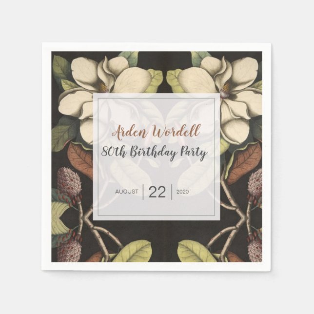 Elegant White Magnolias Birthday Party Napkin (Front)