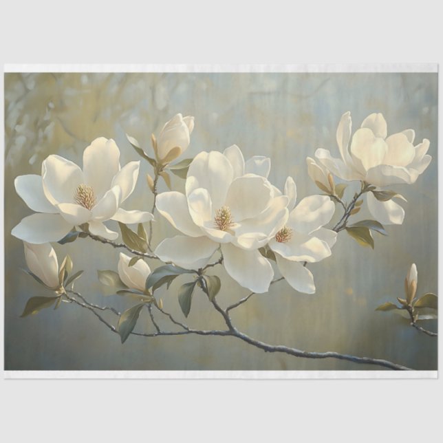 Elegant White Magnolias Decoupage Tissue Paper (Front)