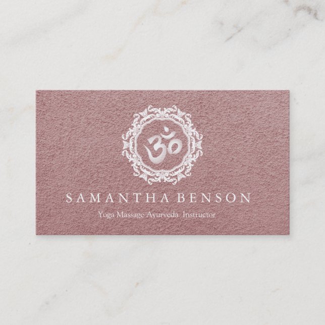 Elegant white Mandala Art Om Logo Yoga Business Card (Front)