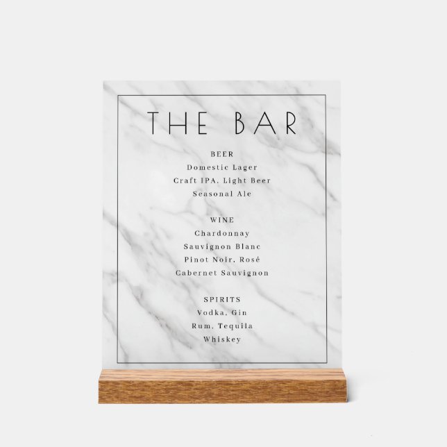 Elegant White Marble Bar Menu Acrylic Sign (Front)