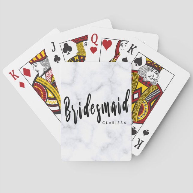 Elegant white marble & black bridesmaid playing cards (Back)