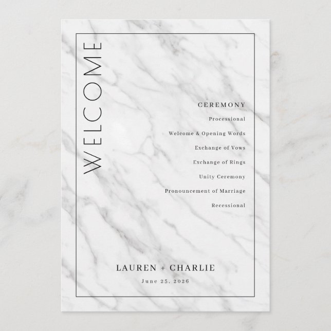 Elegant White Marble Ceremony Schedule Programme (Front)