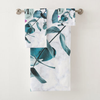 Elegant white marble eucalyptus foliage monogram bath towel set