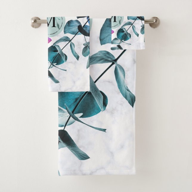 Elegant white marble eucalyptus foliage monogram bath towel set (Insitu)
