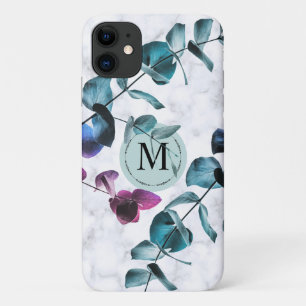 Elegant white marble eucalyptus foliage monogram iPhone 11 case