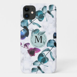 Elegant white marble eucalyptus foliage monogram iPhone 11 case