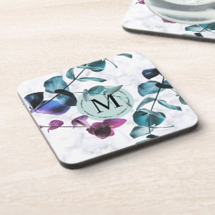 Elegant white marble eucalyptus foliage monogram coaster