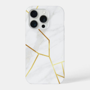 Elegant White Marble & Geometric Gold Kintsugi iPhone 15 Pro Case