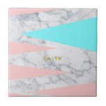 elegant white marble geometric triangles pink mint tile<br><div class="desc">Trendy and modern design featuring pink and mint colour geometric triangles and faux white marble.</div>