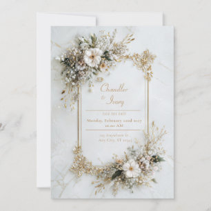 Elegant White Marble Gold Floral Geometric Wedding Invitation