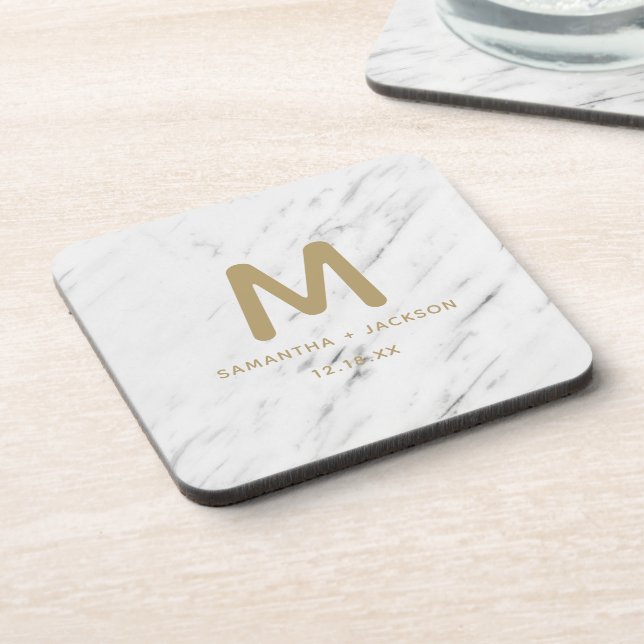 Elegant White Marble & Gold Foil Wedding Monogram Coaster (Left Side)