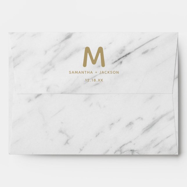 Elegant White Marble & Gold Foil Wedding Monogram Envelope (Back (Top Flap))