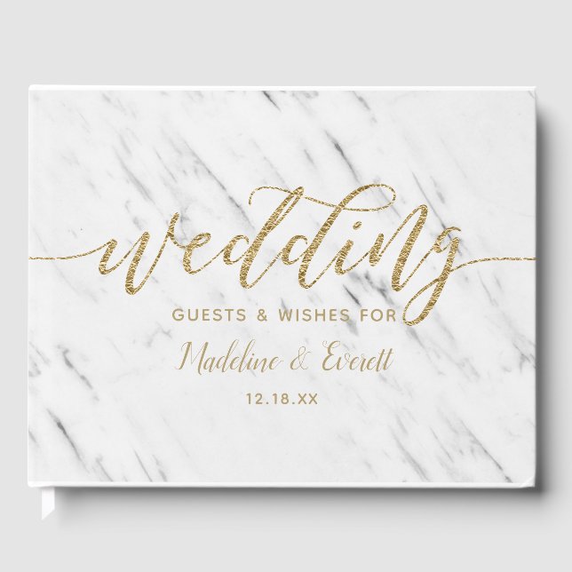 Elegant White Marble & Gold Foil Wedding Monogram Guest Book (Front)