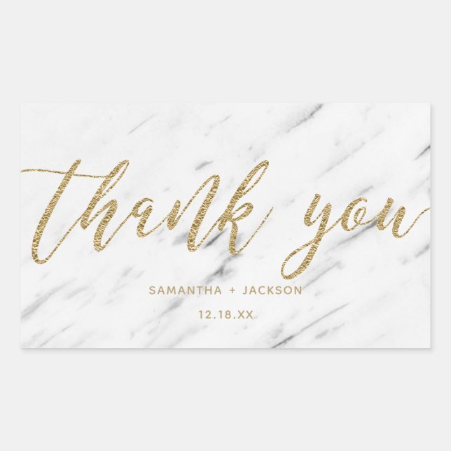 Elegant White Marble & Gold Foil Wedding Thank You Rectangular Sticker (Front)