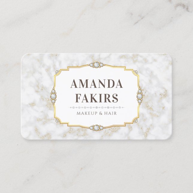 Elegant White Marble Gold Frame Makeup Artist Business Card (Front)