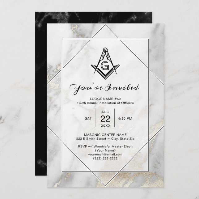 Elegant White Marble Gold Masonic Invitations (Front/Back)
