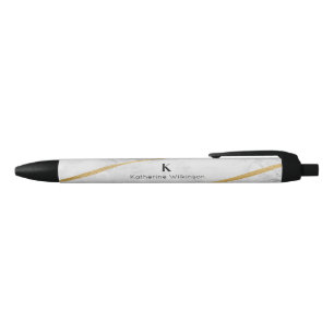 Elegant White Marble Gold Monogram Black Ink Pen