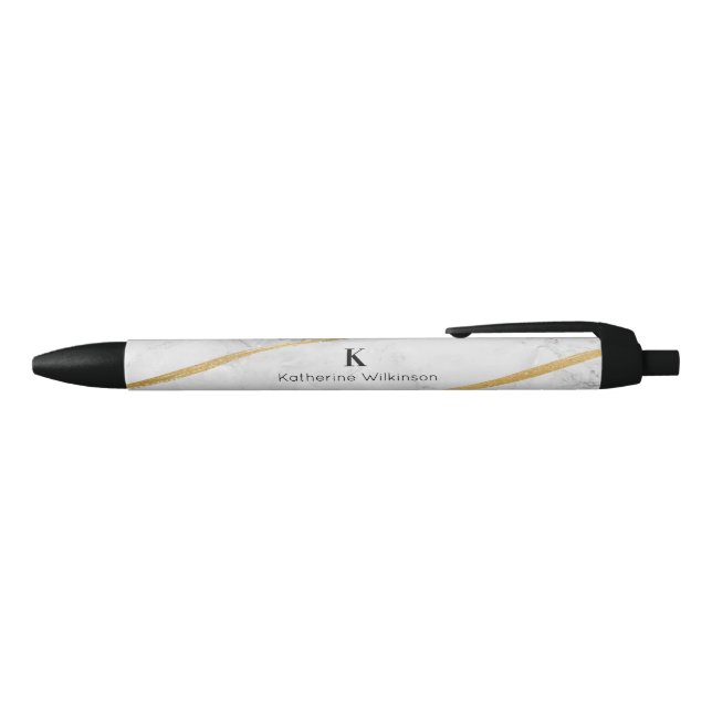 Elegant White Marble Gold Monogram Black Ink Pen (Top)