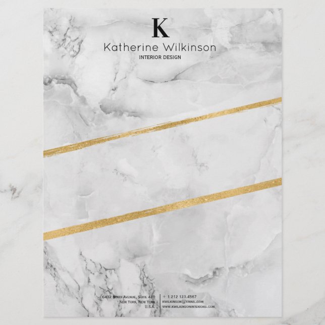 Elegant White Marble Gold Monogram Custom Letterhead (Front)