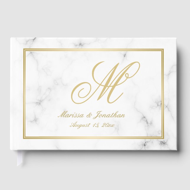 Elegant White Marble Gold Monogram Script Wedding Guest Book (Front)