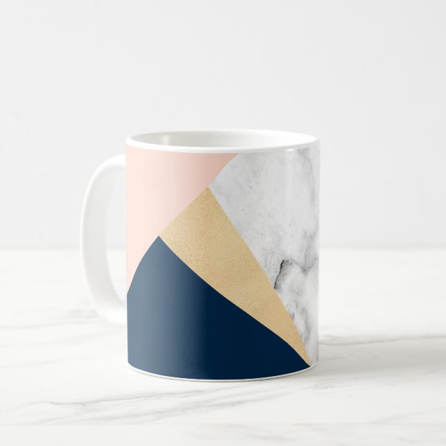 elegant white marble gold peach blue colour block coffee mug (Front Left)