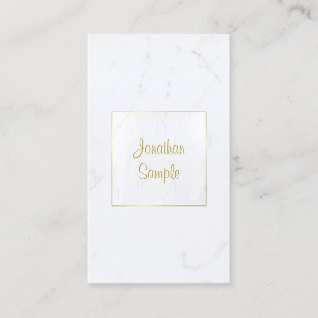 Elegant White Marble Gold Script Luxurious Plain Business Card (Front)