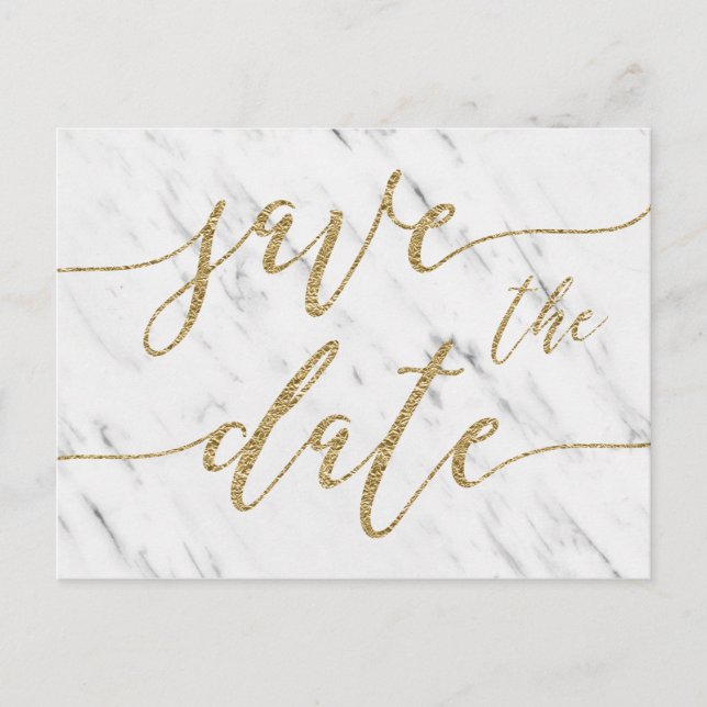 Elegant White Marble & Gold Wedding Save the Date Announcement Postcard (Front)