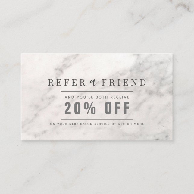 Elegant White Marble Hair Salon Referral Business Card (Front)