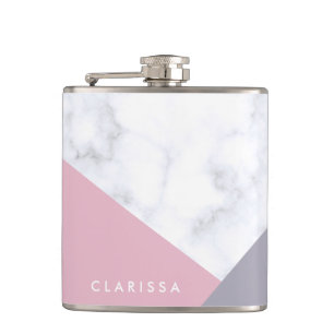 elegant white marble pastel pink purple geometric hip flask