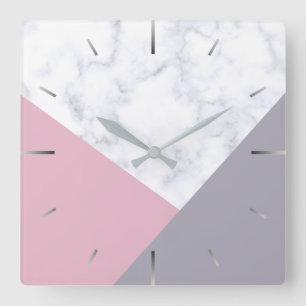 elegant white marble pastel pink purple geometric square wall clock