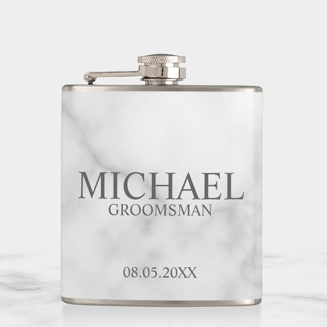 Elegant White Marble Personalised Groomsmen Hip Flask (Creator Uploaded)