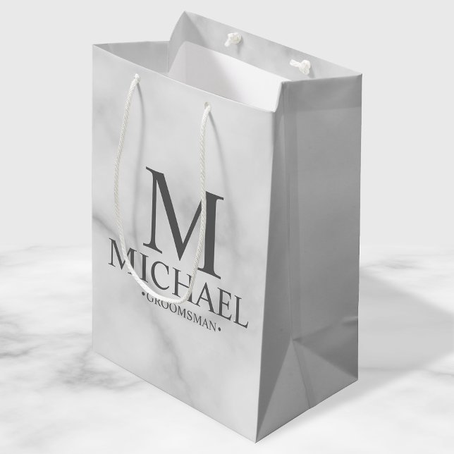 Elegant White Marble Personalised Groomsmen Medium Gift Bag (Creator Uploaded)