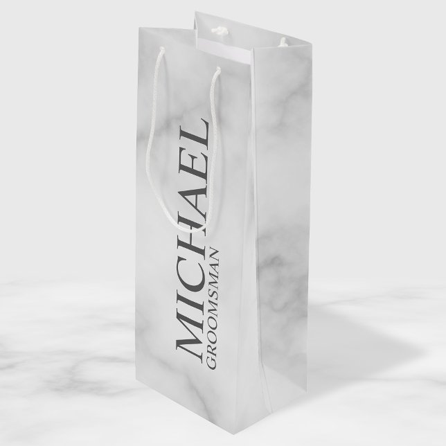 Elegant White Marble Personalised Groomsmen Wine Gift Bag (Creator Uploaded)