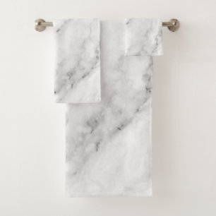 Elegant White Marble Print with Silver Textured Bath Towel Set