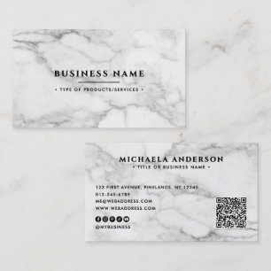 Elegant White Marble QR Code & Socials Business Card