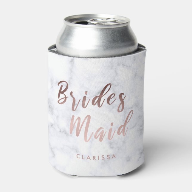 Elegant white marble & rose gold bridesmaid can cooler (Can Front)