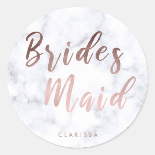 Elegant white marble & rose gold bridesmaid classic round sticker