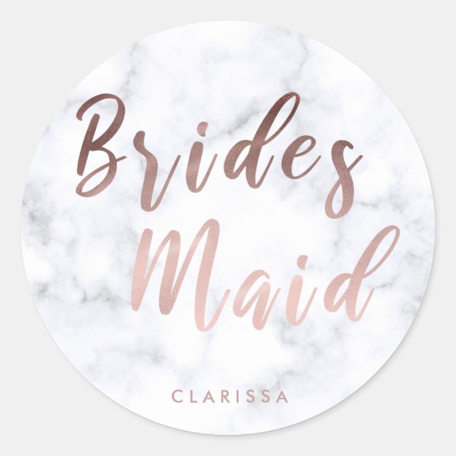 Elegant white marble & rose gold bridesmaid classic round sticker (Front)