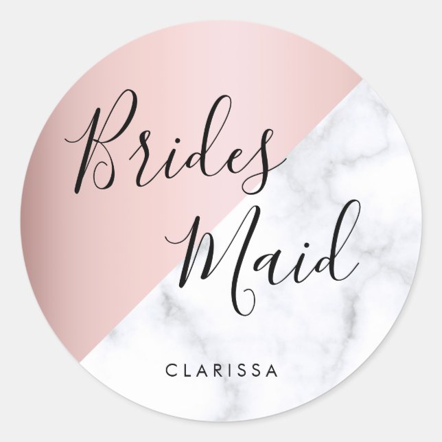 Elegant white marble & rose gold bridesmaid classic round sticker (Front)